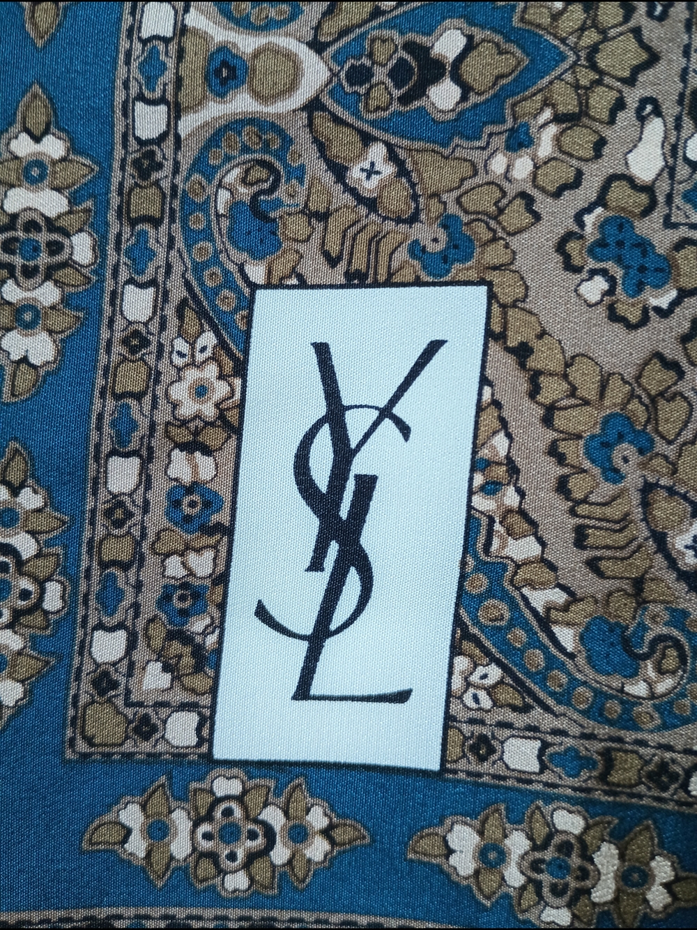 Yves Saint Laurent Brown & Blue Square 100% Silk Scarf - Picture 4 of 7